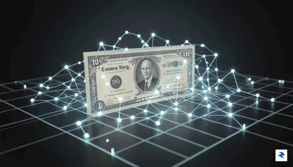 A conceptual digital visualization showing a physical stock certificate morphing&hellip;