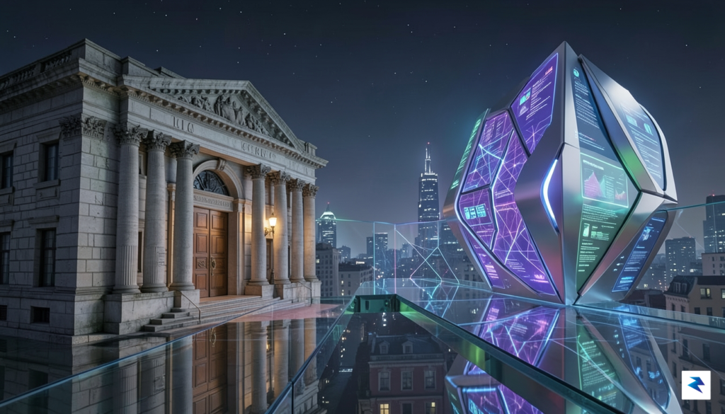 A conceptual digital illustration showing a glass bridge connecting a&hellip;