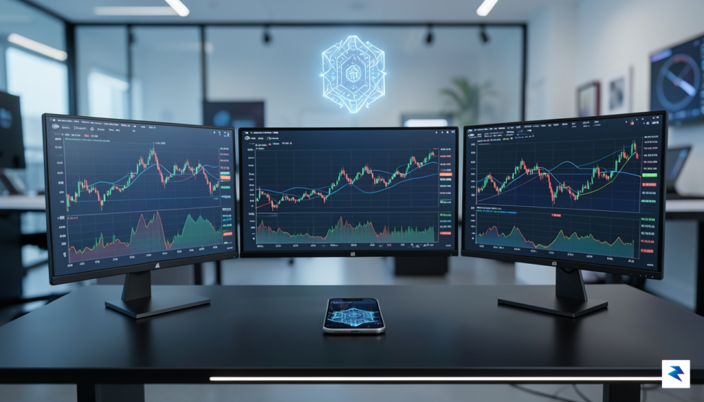 A modern, high-tech office desk with multiple monitors displaying complex&hellip;
