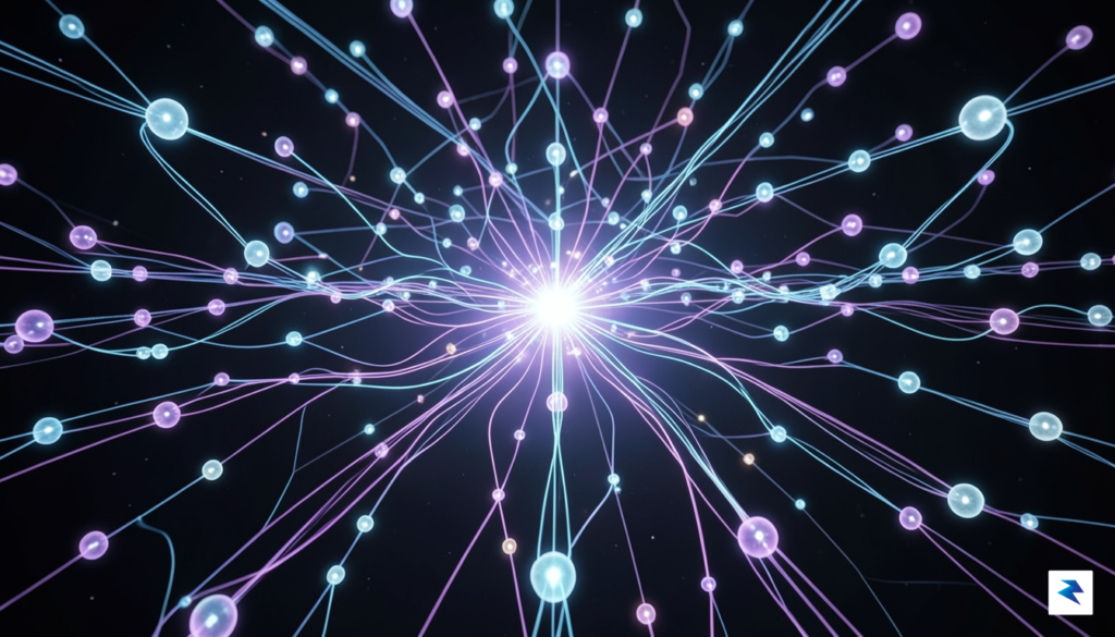 A conceptual digital art piece showing a network of glowing…