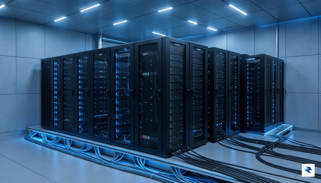 A sleek, modern data center server room illuminated with blue…