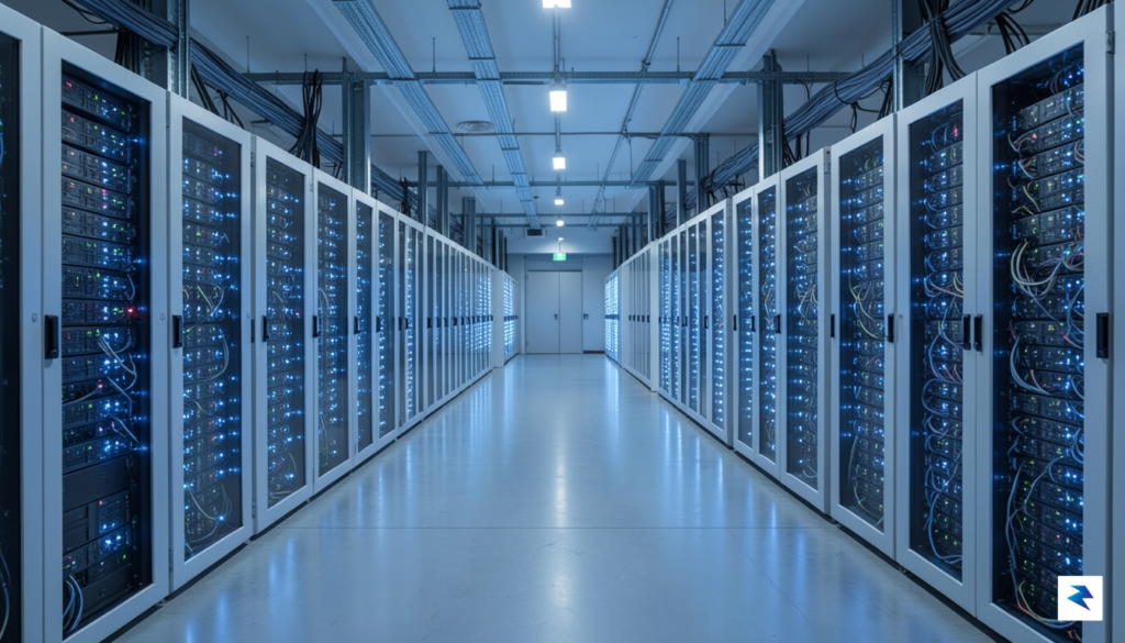 A wide-angle shot of a state-of-the-art data center filled with…