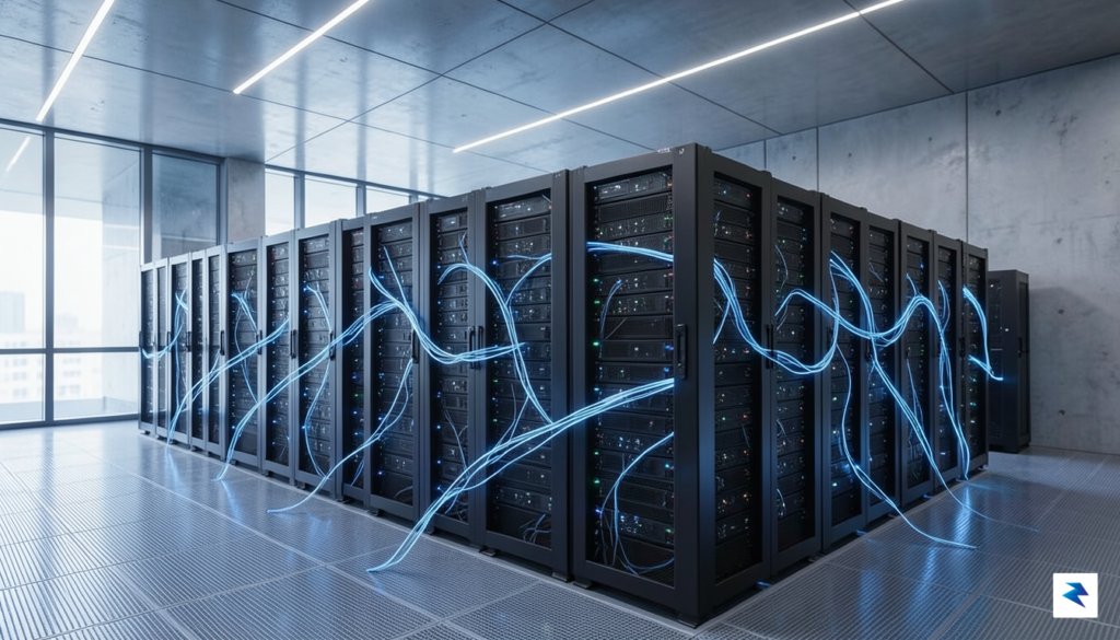 A modern, sleek data center interior with glowing blue fiber…
