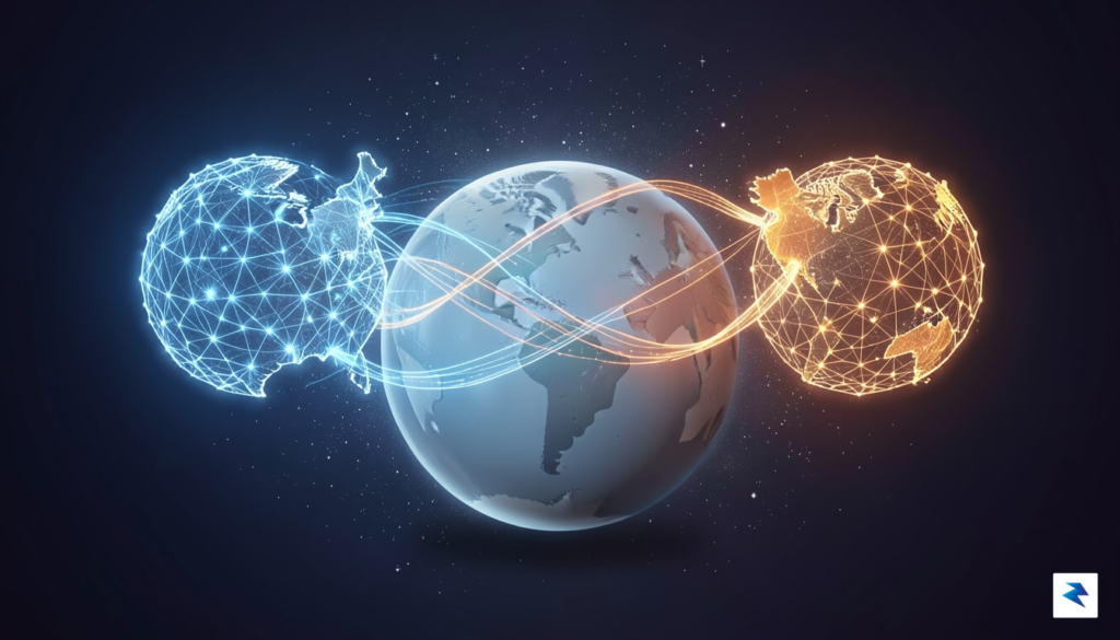 A digital illustration showing two sophisticated, glowing neural network globes…