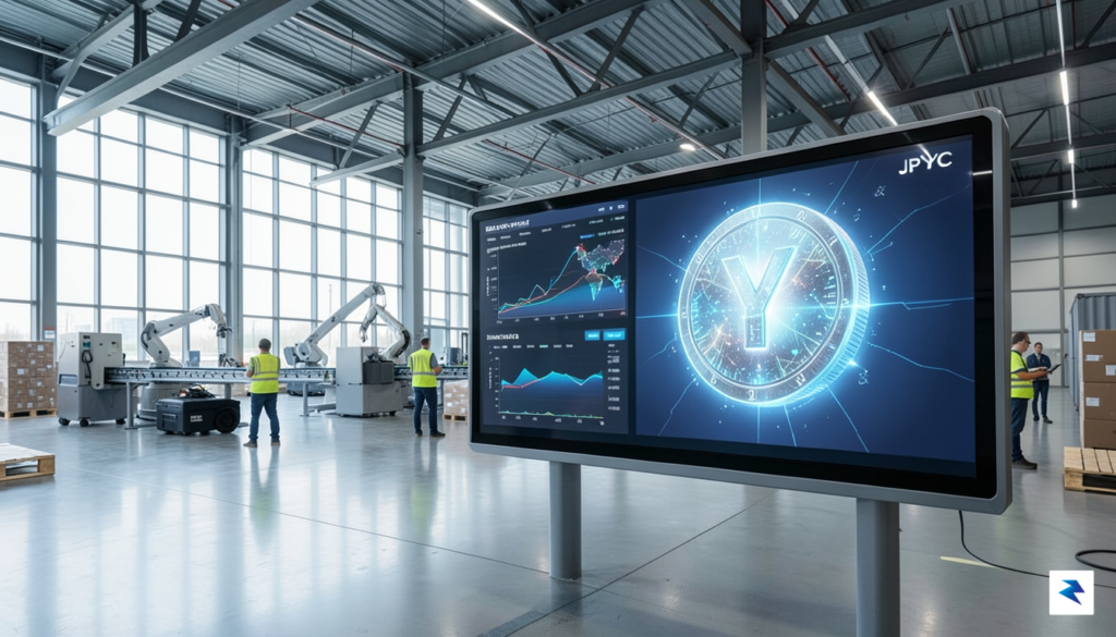A modern, high-tech logistics warehouse interior with a split-screen digital…