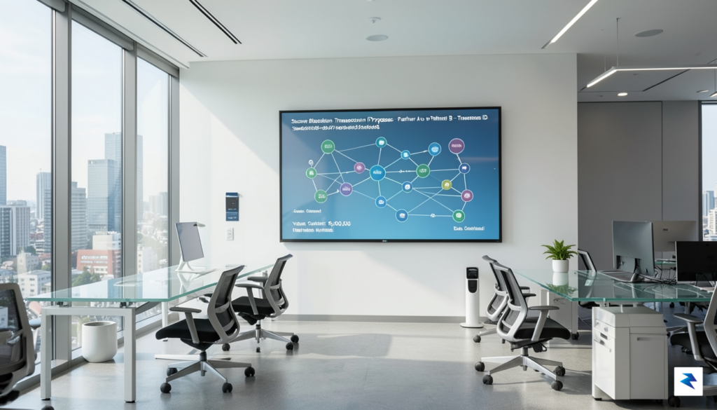 A modern, sleek office environment in Tokyo featuring a digital…