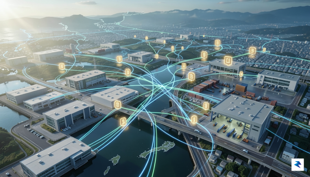 A conceptual digital illustration showing a glowing, interconnected supply chain…