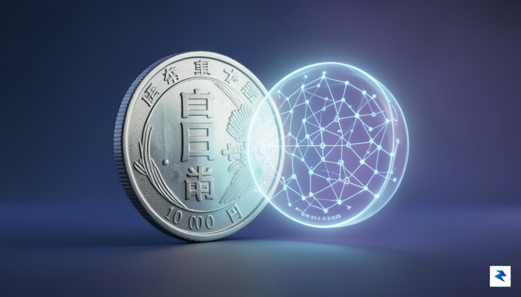 A conceptual digital illustration showing a physical Japanese Yen coin…