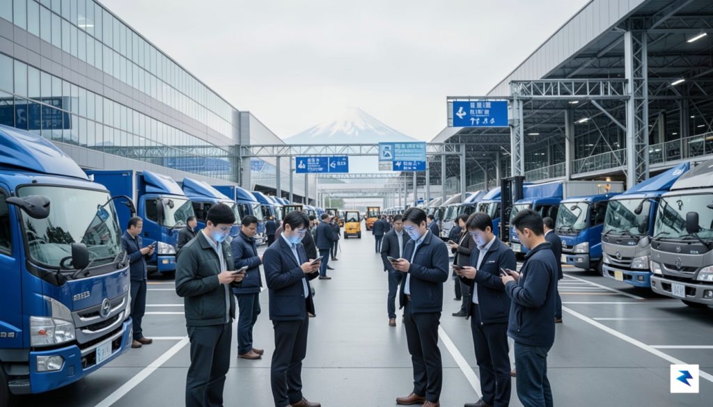 A modern, high-tech logistics hub in Japan featuring a diverse…