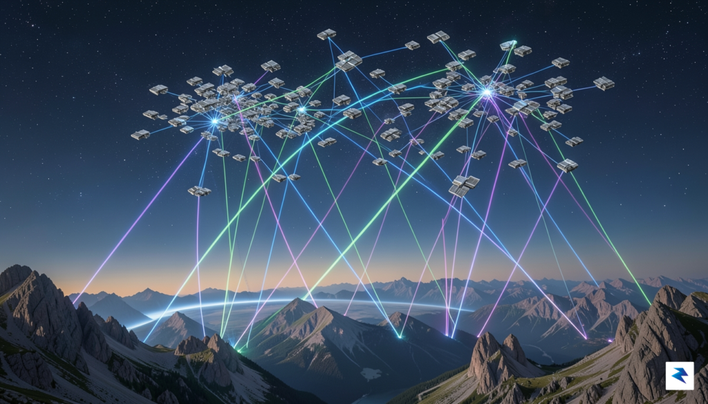 A conceptual digital illustration comparing the dense satellite constellations of…