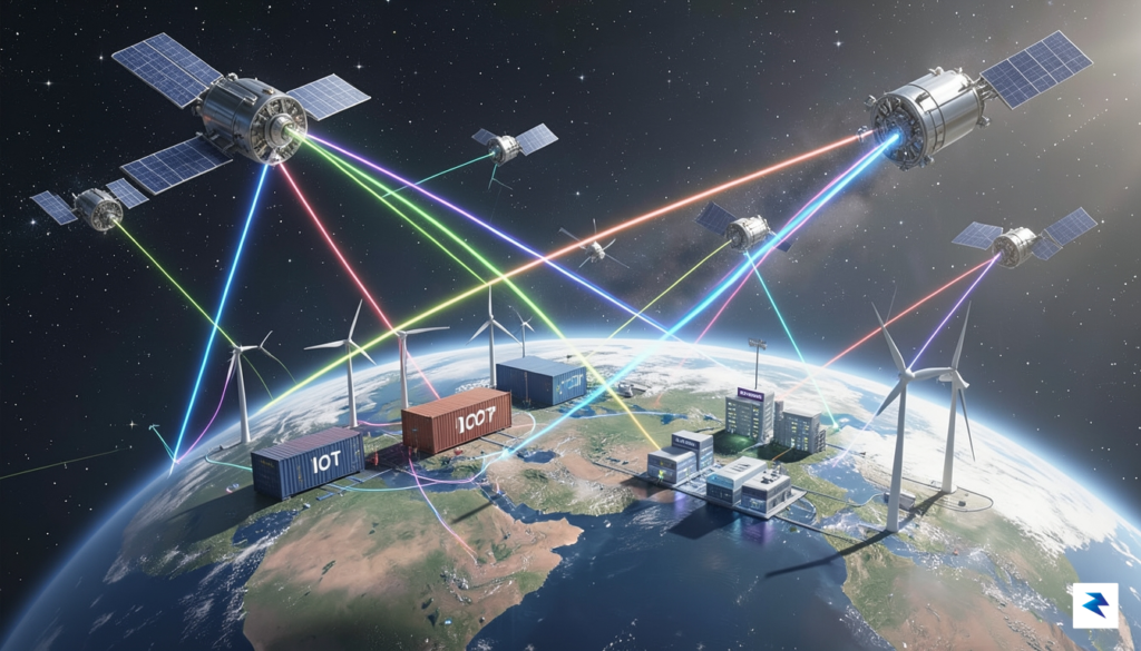 A conceptual digital illustration showing a network of satellites orbiting…