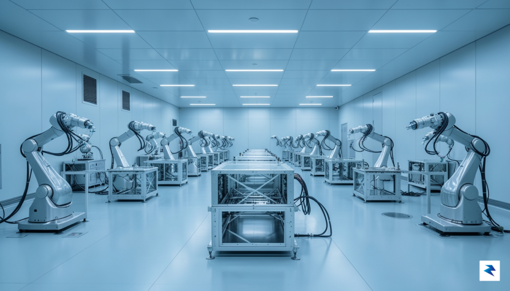 A wide-angle view of a high-tech satellite manufacturing facility with…