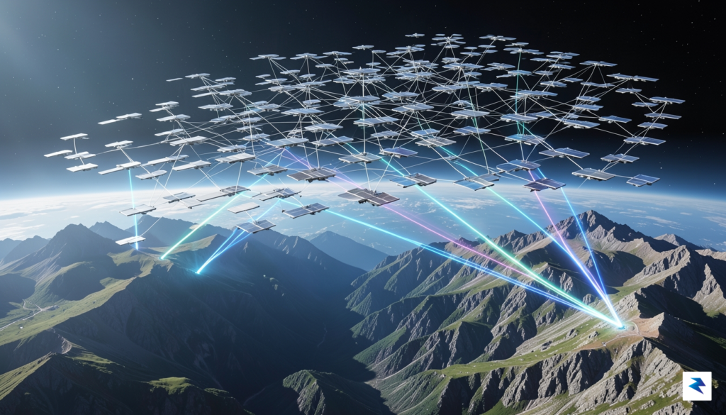 A conceptual rendering of a dense constellation of sleek, flat-panel…
