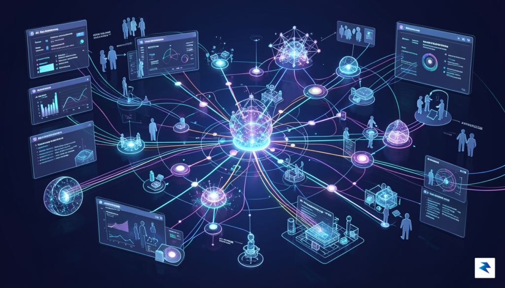An abstract illustration showing a network of specialized AI data…