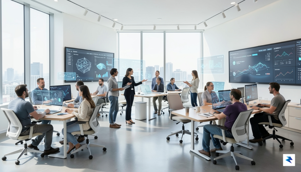 A diverse group of people collaborating with advanced AI interfaces,…
