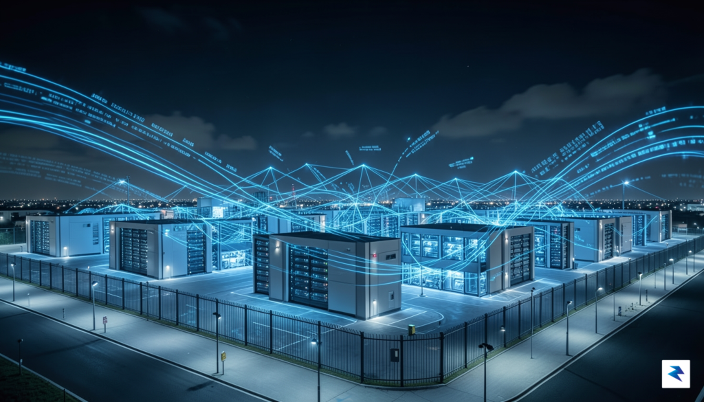 A modern, high-tech server farm facility at night with glowing&hellip;
