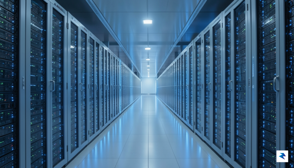 A wide-angle, cinematic shot of a massive, glowing high-tech data&hellip;