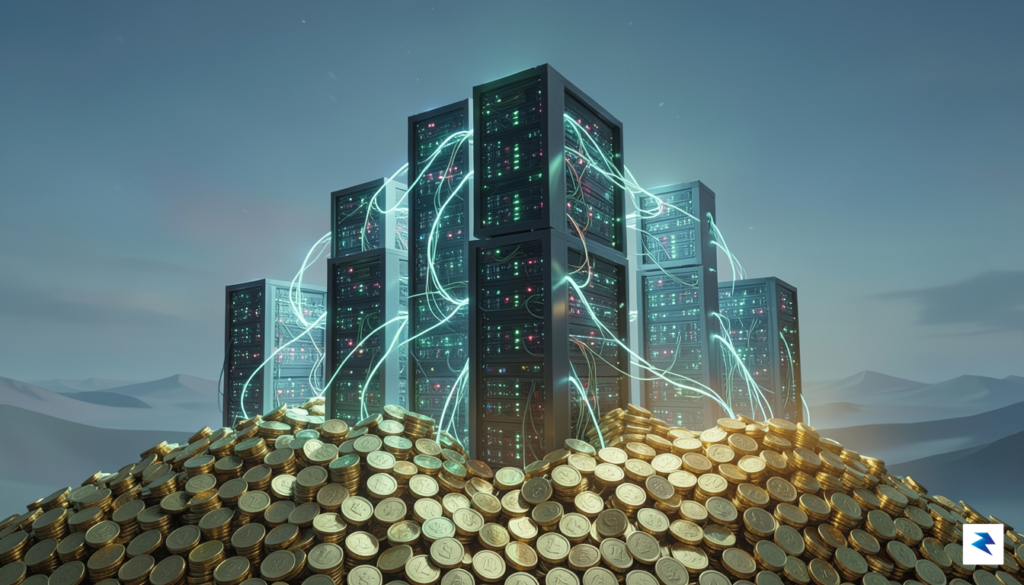 A conceptual digital illustration showing a glowing network of server&hellip;