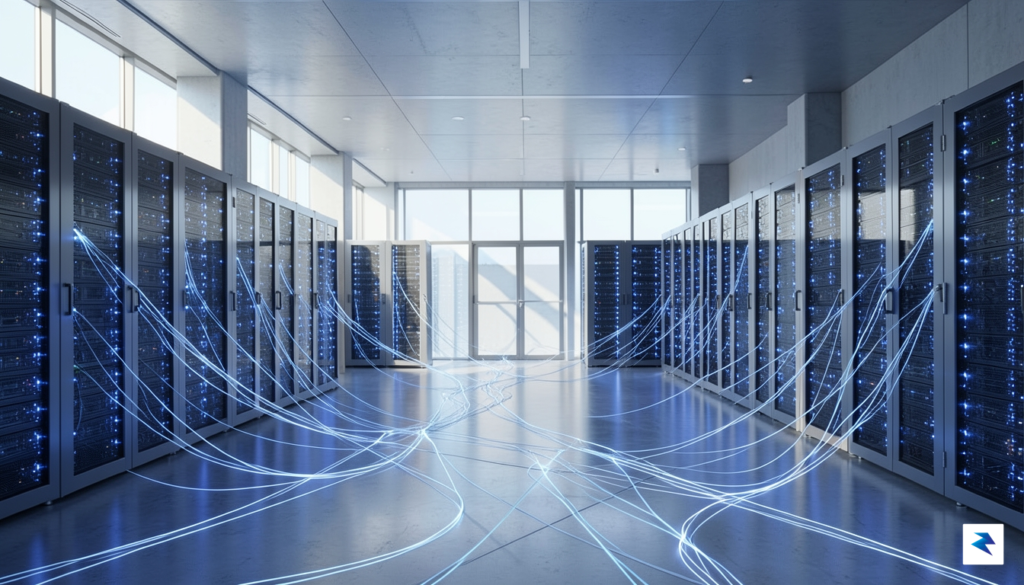 A modern, sprawling high-tech data center interior illuminated by blue&hellip;
