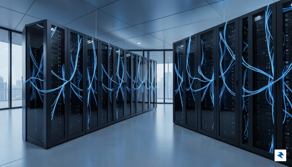 A modern, sleek data center interior with glowing blue fiber&hellip;