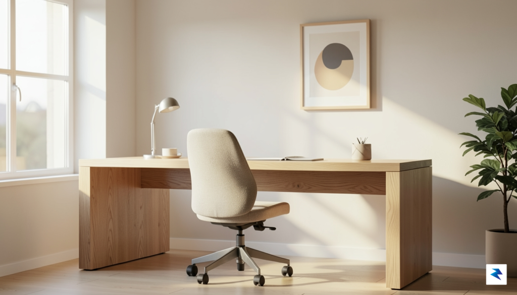 A modern, minimalist home office setup featuring the Amseatec Criss…