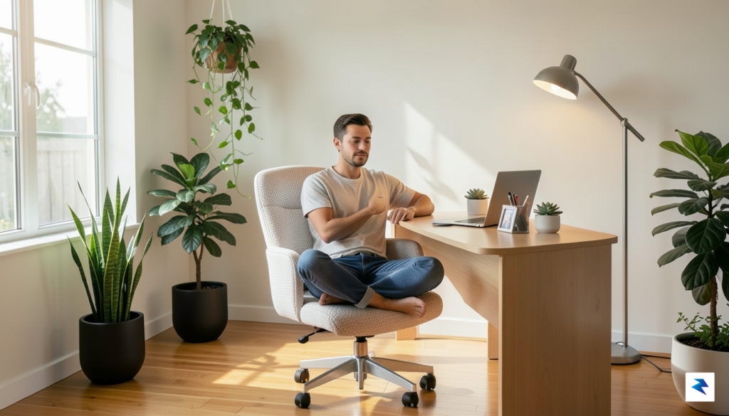 A modern, bright home office space featuring a wide, armless…
