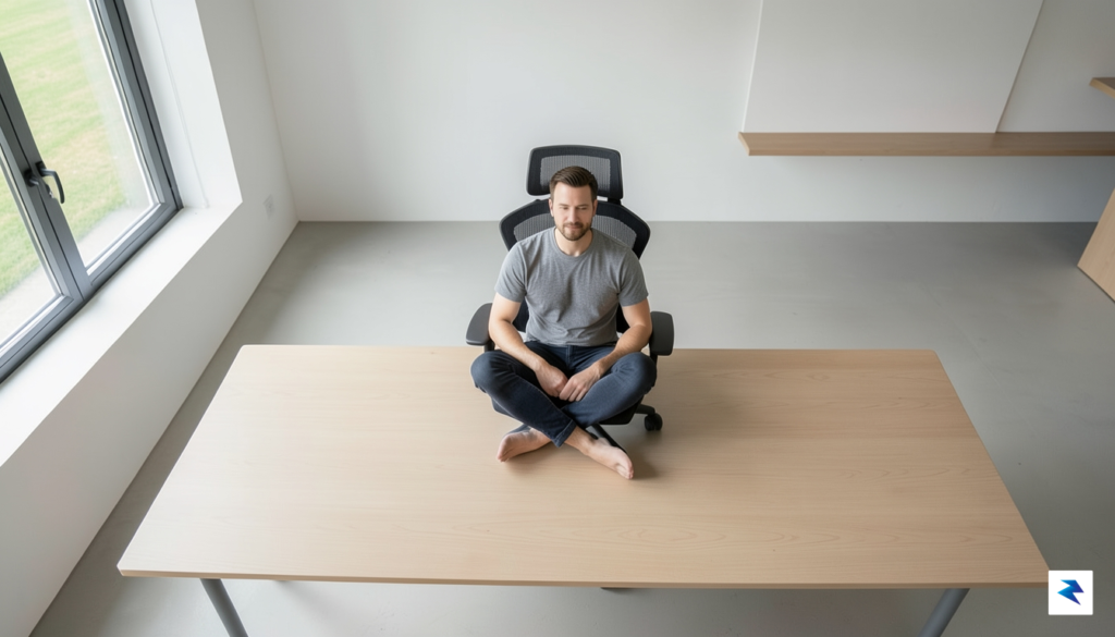 A wide-angle top-down shot of a minimalist home office featuring…
