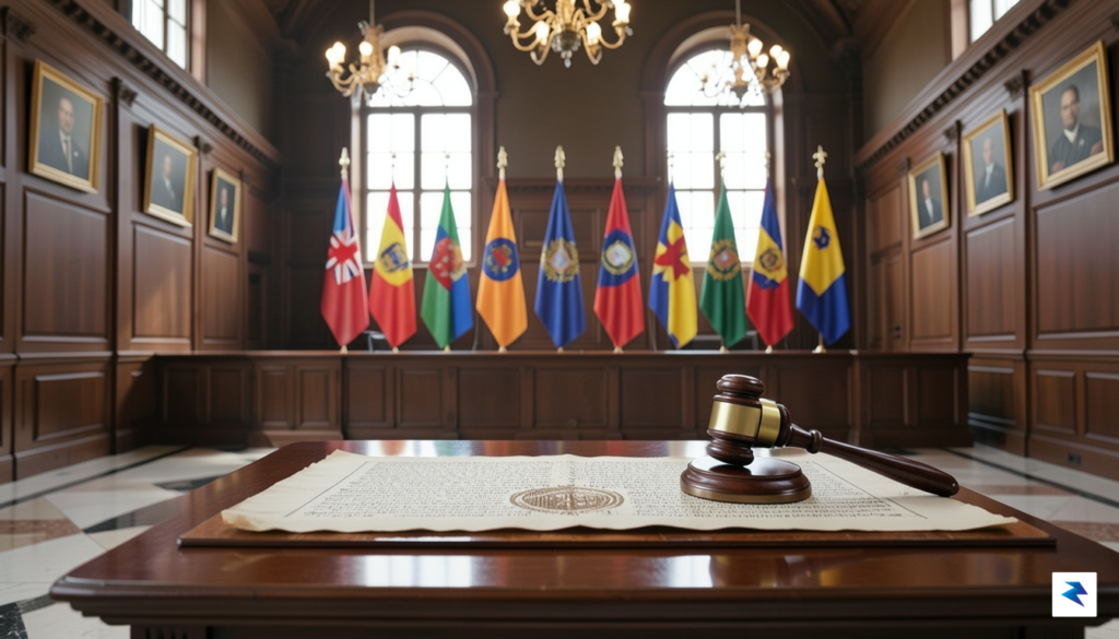 A conceptual courtroom setting with a gavel resting on a…