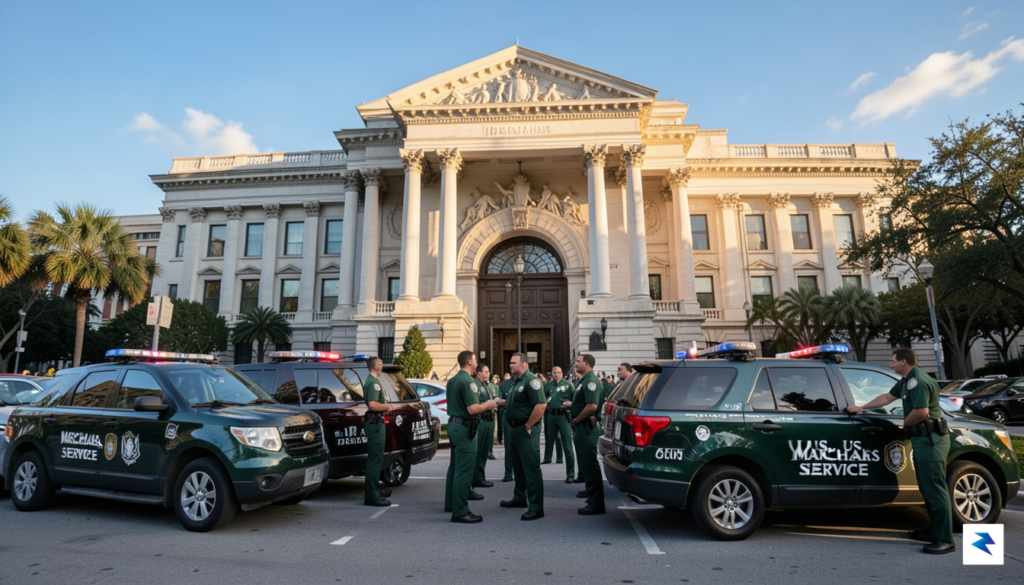 U.S. Marshals Service vehicles and personnel in front of a…