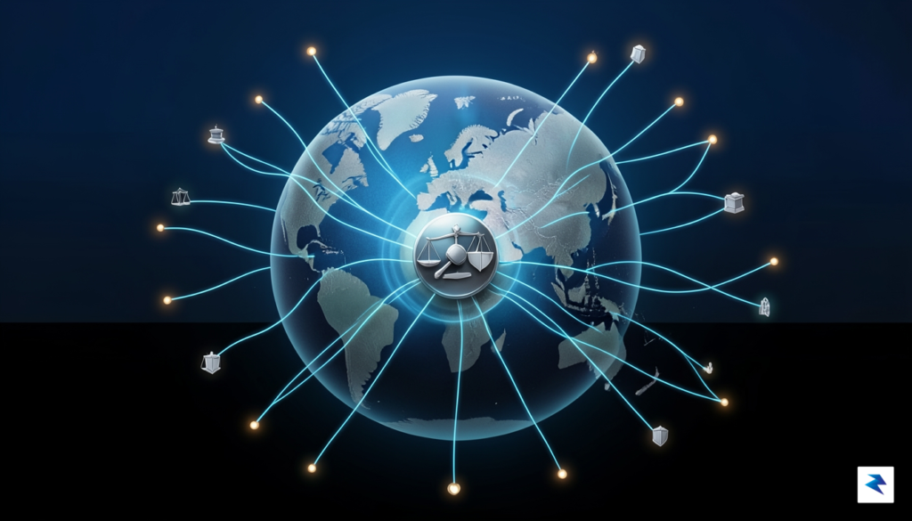 A digital illustration showing a globe connected by glowing data&hellip;