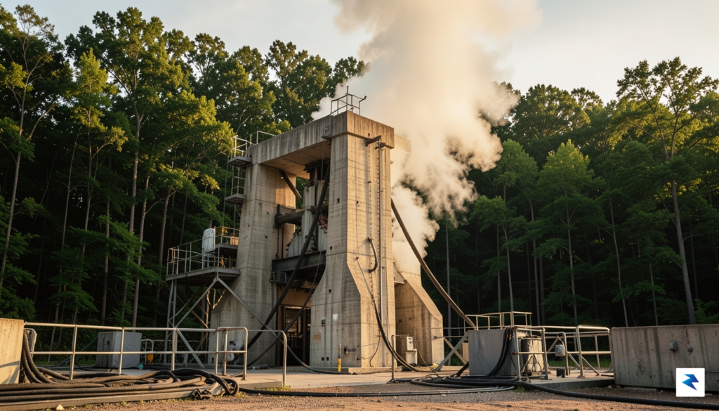 A wide-angle, cinematic shot of a concrete-reinforced rocket engine test&hellip;