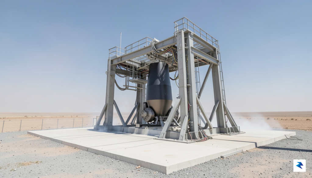 A wide shot of a modern rocket motor test stand&hellip;