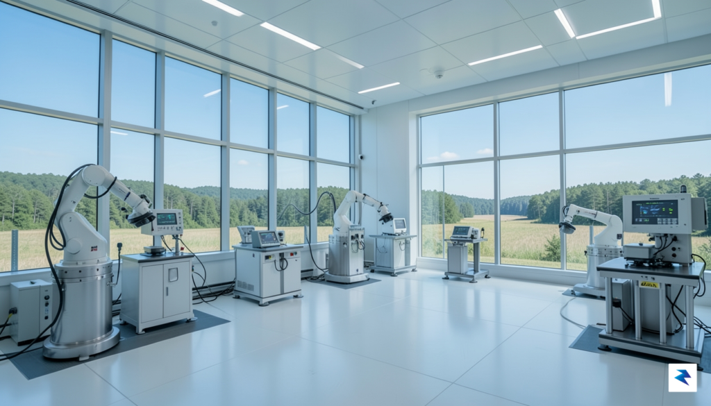 A wide-angle, cinematic shot of a modern, sterile aerospace testing&hellip;