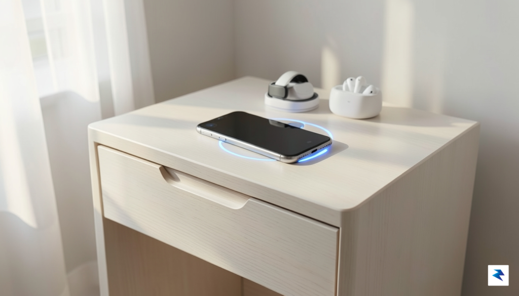 A clean, minimalist nightstand featuring an elegant, modern 3-in-1 charging&hellip;