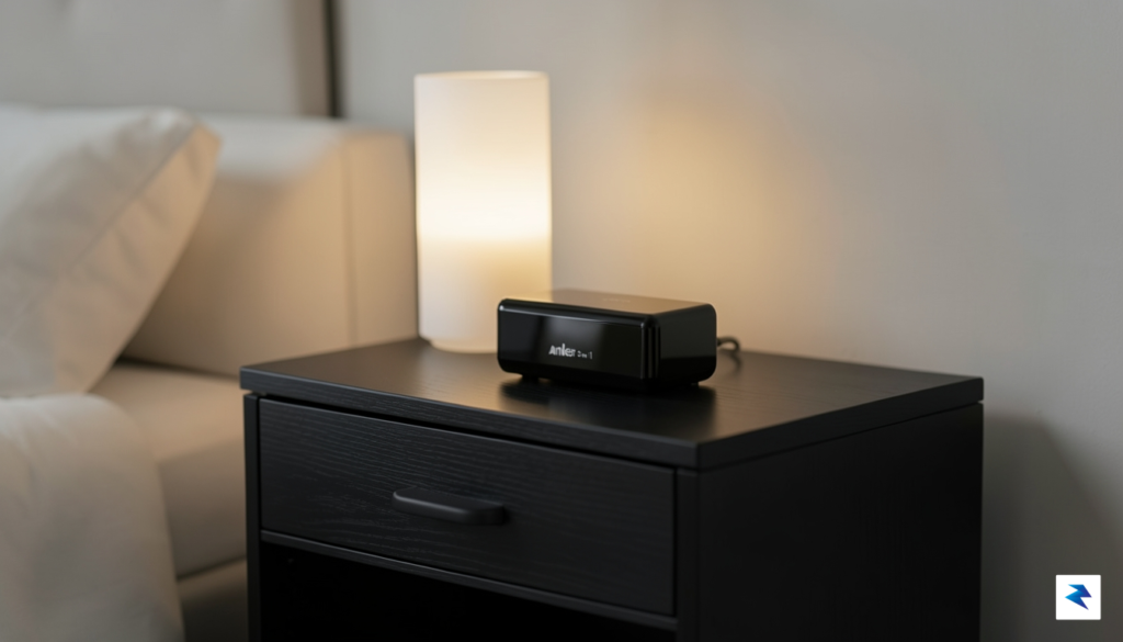 A sleek, modern bedside table featuring the Anker Prime 3-in-1&hellip;