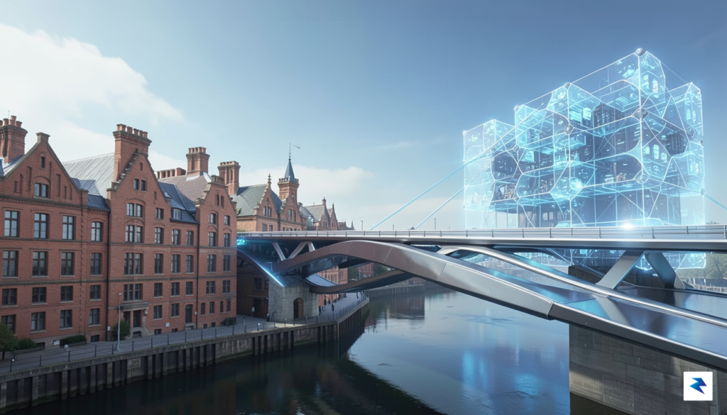 A conceptual digital illustration showing a futuristic, sleek bridge connecting&hellip;
