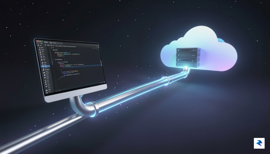 A conceptual digital illustration showing a streamlined, glowing pipeline connecting&hellip;