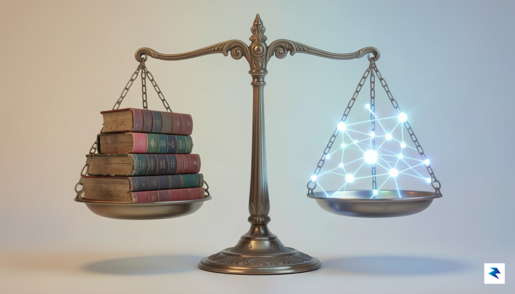 A conceptual digital illustration showing a balance scale, with a…