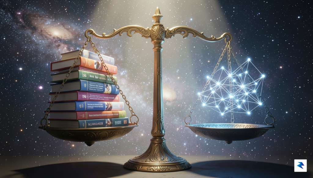 A conceptual digital illustration showing a balance scale weighing a…