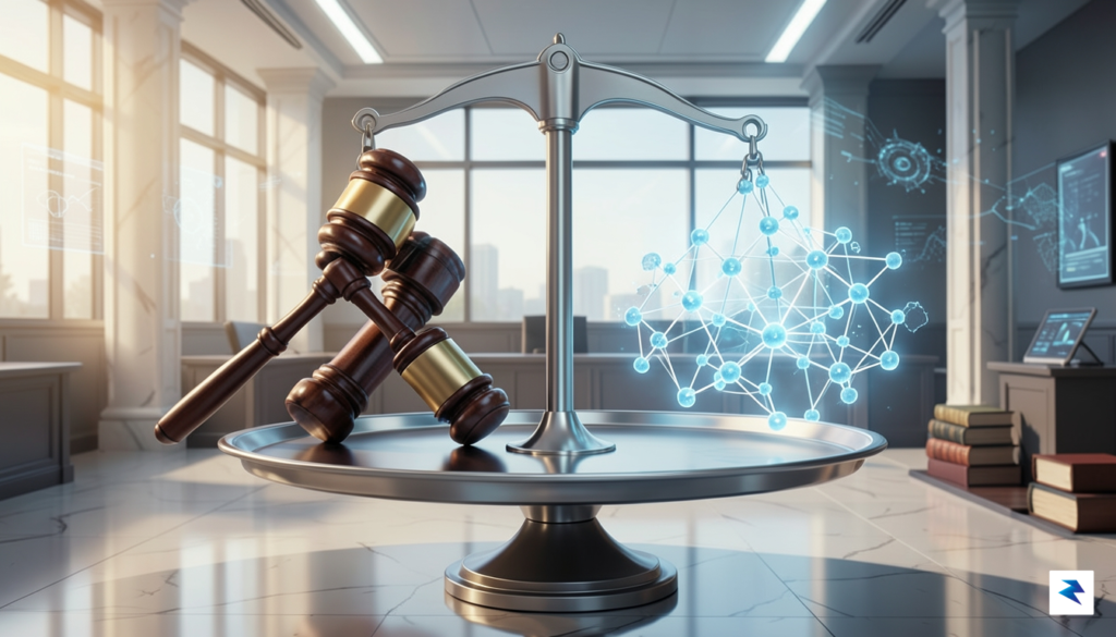 A conceptual illustration showing a digital scale balancing legal gavels…
