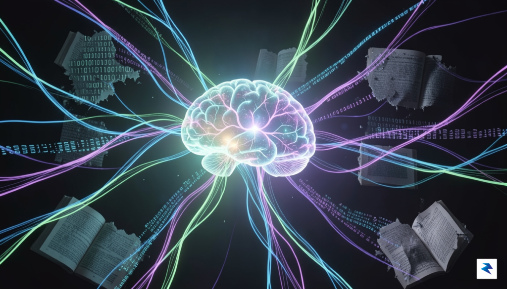 A conceptual digital illustration showing a sprawling network of glowing…