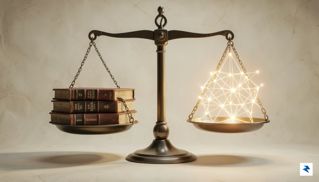 A conceptual digital illustration showing a balance scale, with a&hellip;