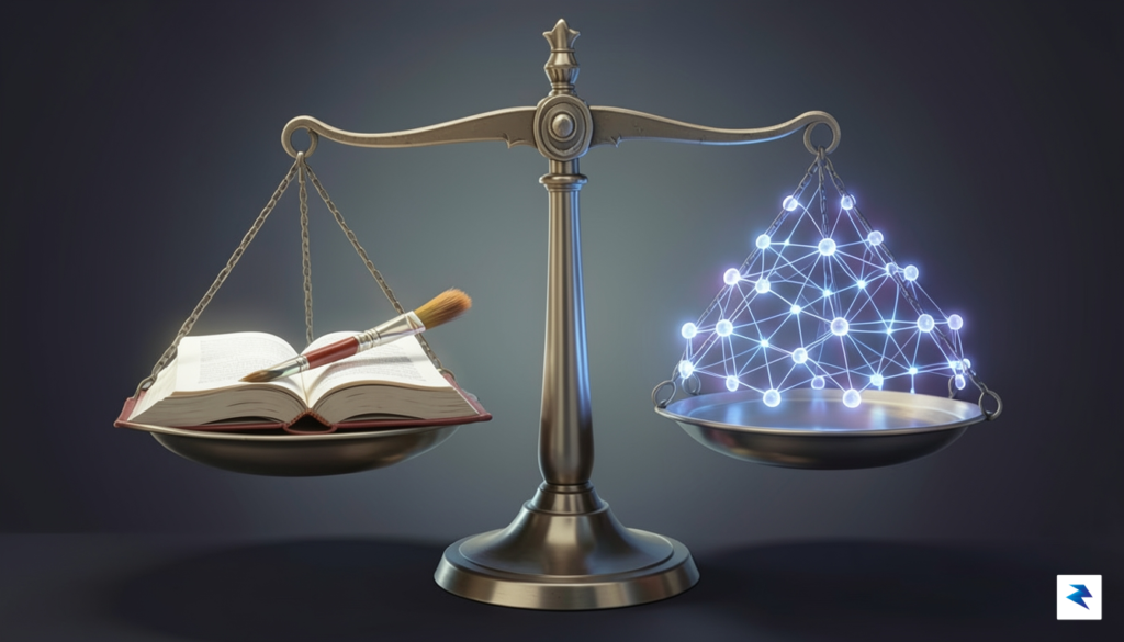 A conceptual digital illustration showing a balance scale, with an&hellip;