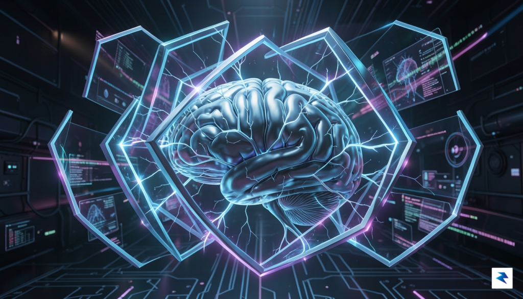 A conceptual illustration showing a digital brain structure being encased&hellip;