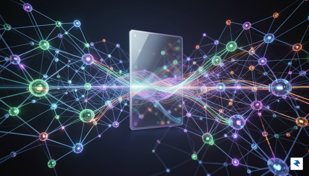 A conceptual digital visualization showing a complex neural network architecture…