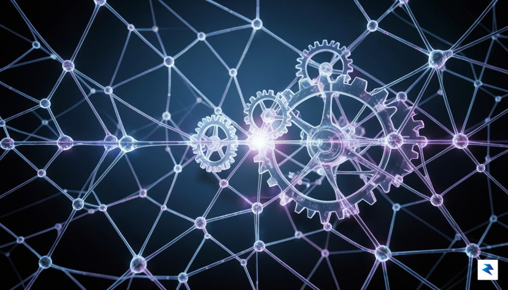 A conceptual digital illustration showing a complex, glowing neural network…
