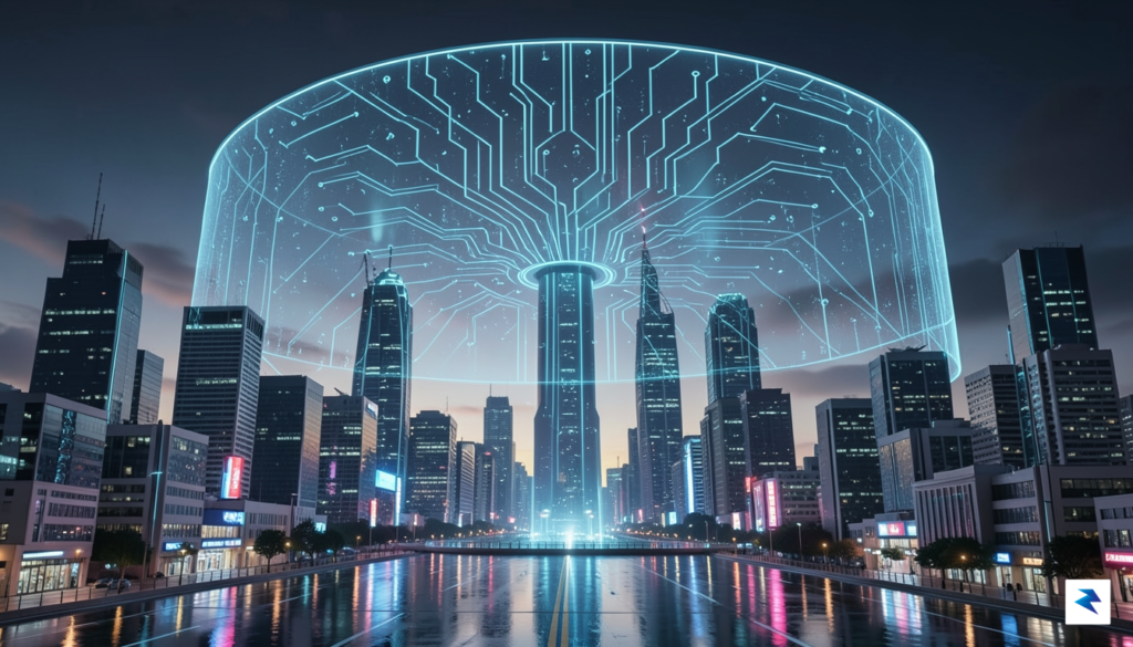 A conceptual illustration showing a digital shield protecting a stylized…