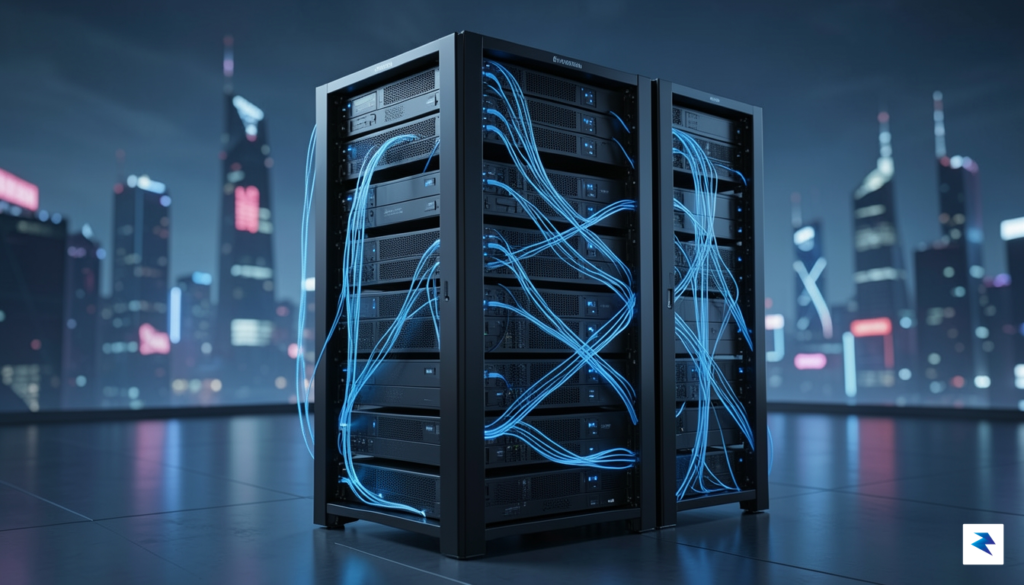 A sleek, modern data center server rack with glowing blue…