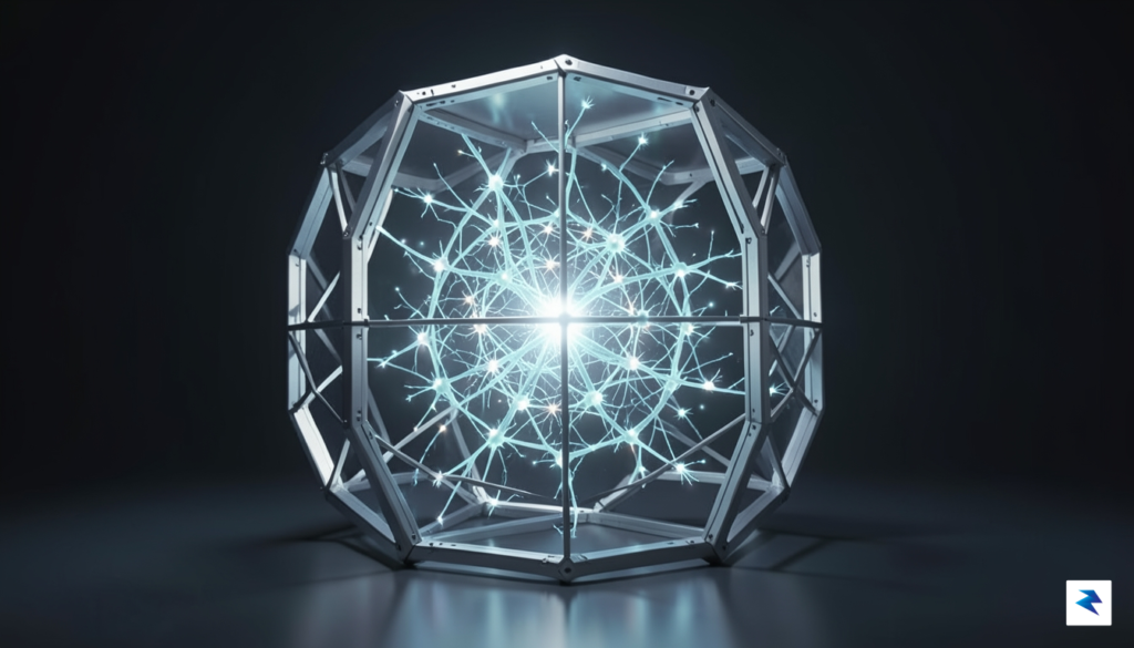 A conceptual digital illustration showing a complex, glowing neural network…