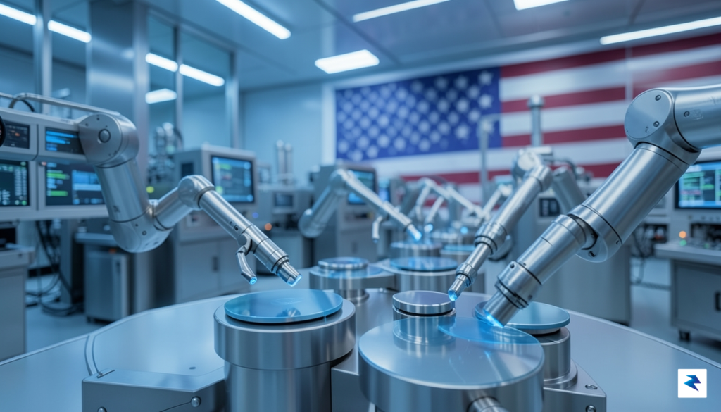 A modern, high-tech semiconductor fabrication facility interior with glowing blue…